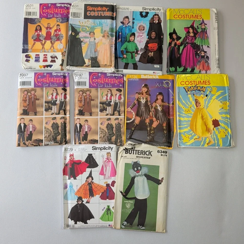 Lot of 10 Kids Costume Sewing Patterns Uncut Pokemon Xena Oz Witch Looney Tunes